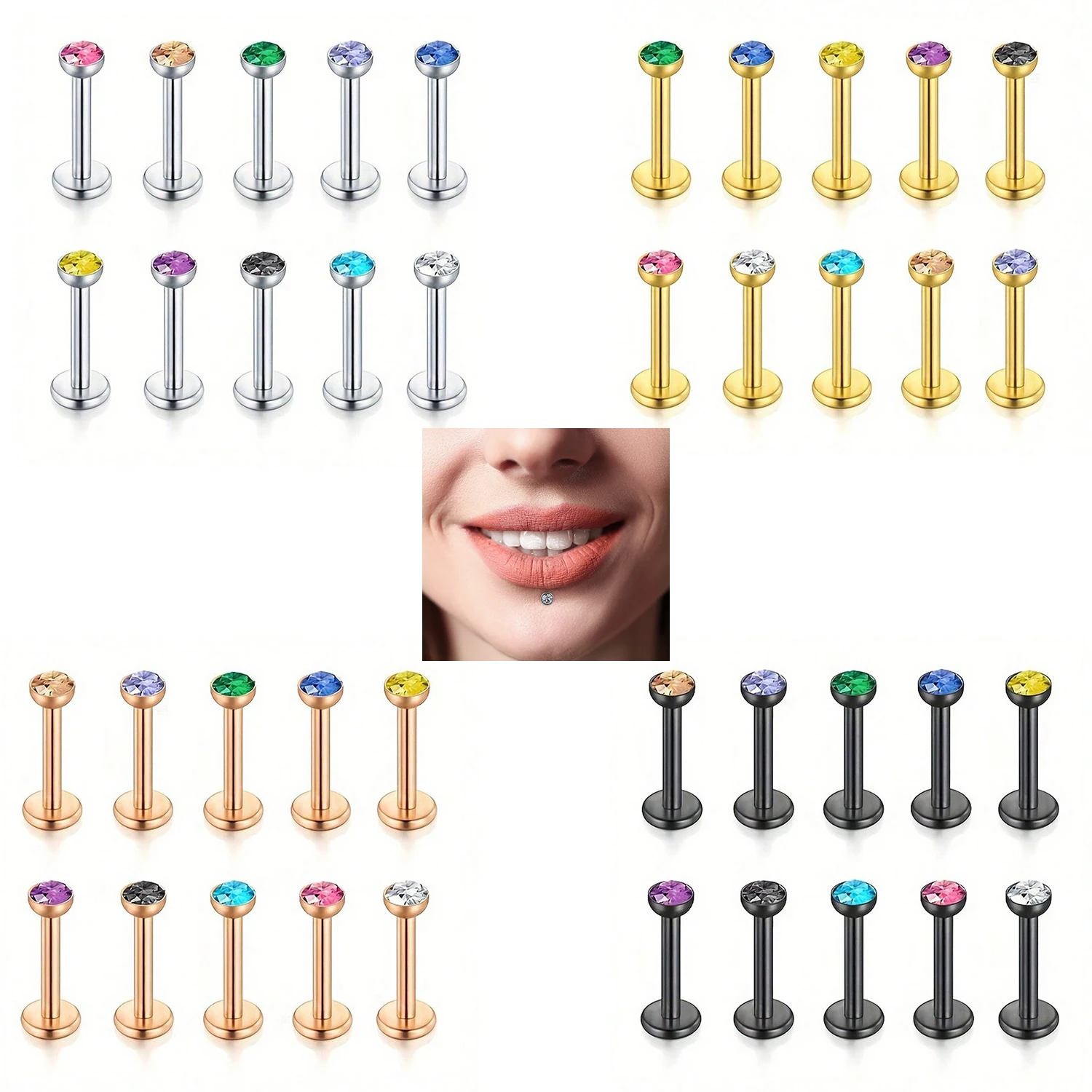 10Pcs Lip Studs Cartilage Earrings, Labret Tragus Cartilage 16G Studs, Internally Threaded Stainless,Versatile Piercing Jewelry