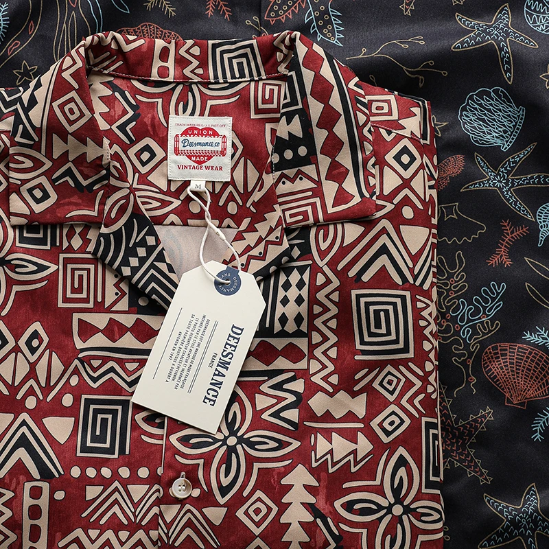 

Мужская летняя рубашка с коротким рукавом и кубинским воротником, с индийским тотемным принтом, гладкая, свободного кроя, молодежная, модная, брендовая
