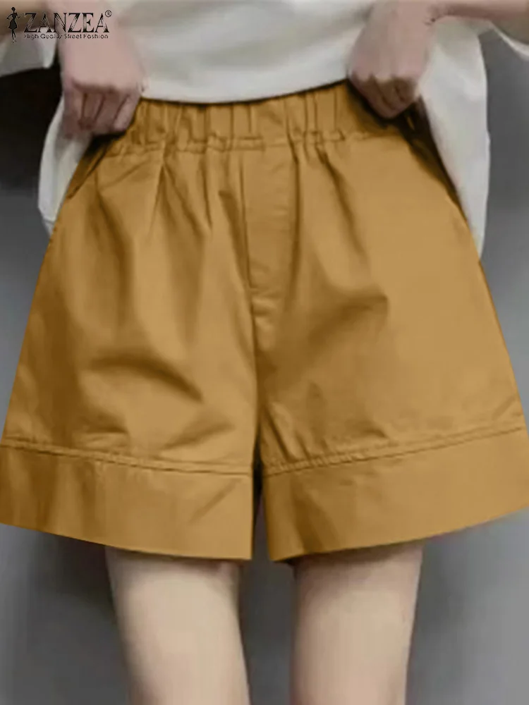 

ZANZEA Summer Wide Leg Trousers Women Vintage Holiday Beach Shorts High Waist Solid Shorts Elegant Casual Loose Pantalon Palazzo