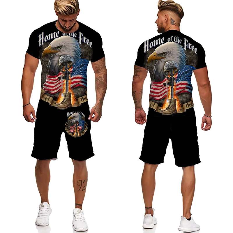 Neue 3D-Druck amerikanische Eule Muster Kurzarm T-Shirt Shorts Männer Kleidung Sommer Trainings anzug lässige Männer setzt kurze Outfits