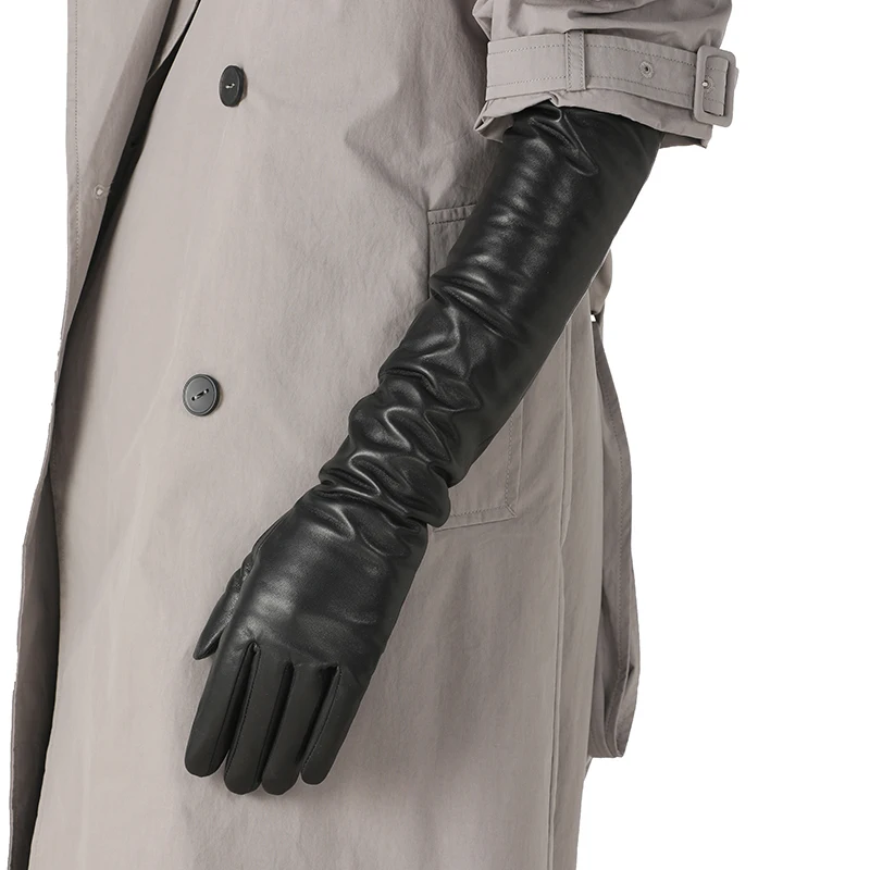 50cm Long First-Layer Sheepskin Gloves for Women, Suitable for Music Festivals, Performances, Photoshoots, and Styling Accessories, Available in Thin and Fleece-Lined Versions, Touch Screen Compatible