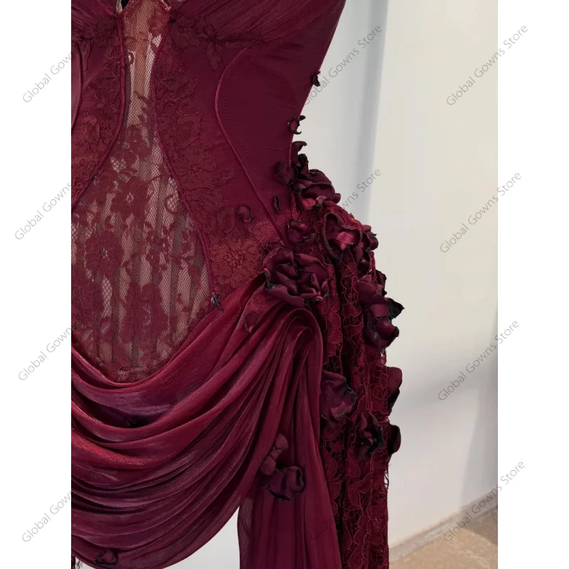 2027 Luxury Burgundy Lace Mini Evening Dresses 3D Flowers Halter Pleats Homecoming Prom Gown Ruffle Party Dresses Customized