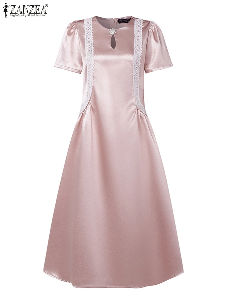 ZANZEA イブニング女性パーティードレスサテンシルクロングサンドレス 2025 ファッション夏半袖エレガントなウエストレースミディ Vestidos