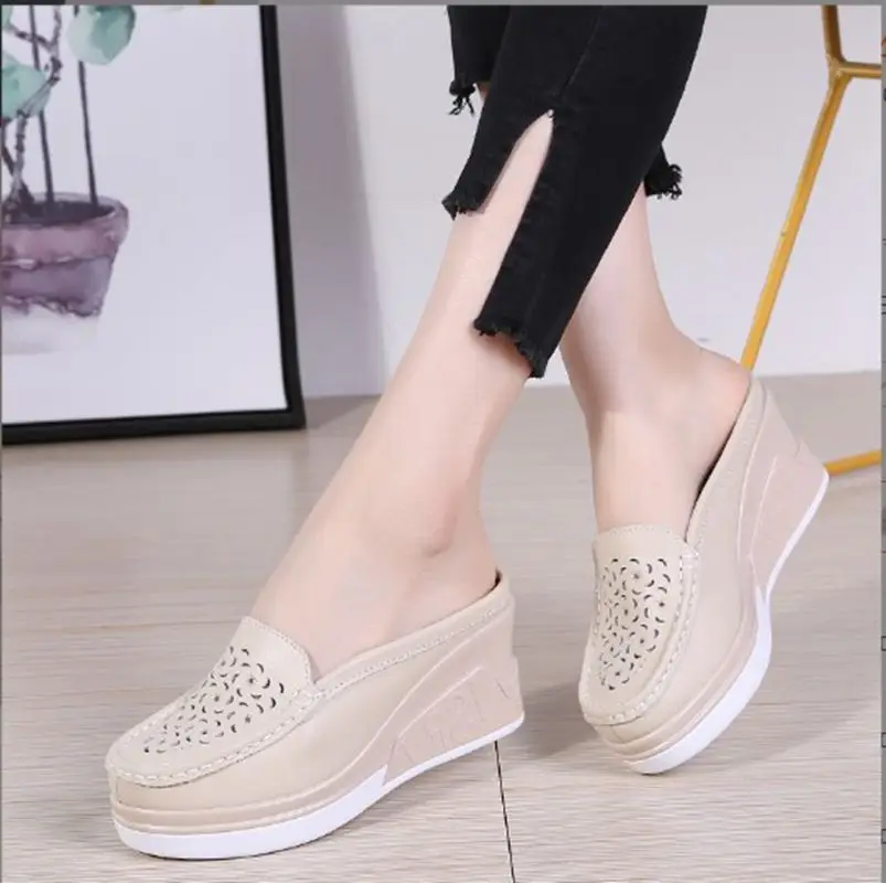 

New Arrival Summer Women Platform Slipper Pattern Floral Flats Breathable Leather Casual Shoes Slip-on Comfortable Nurses Shoes