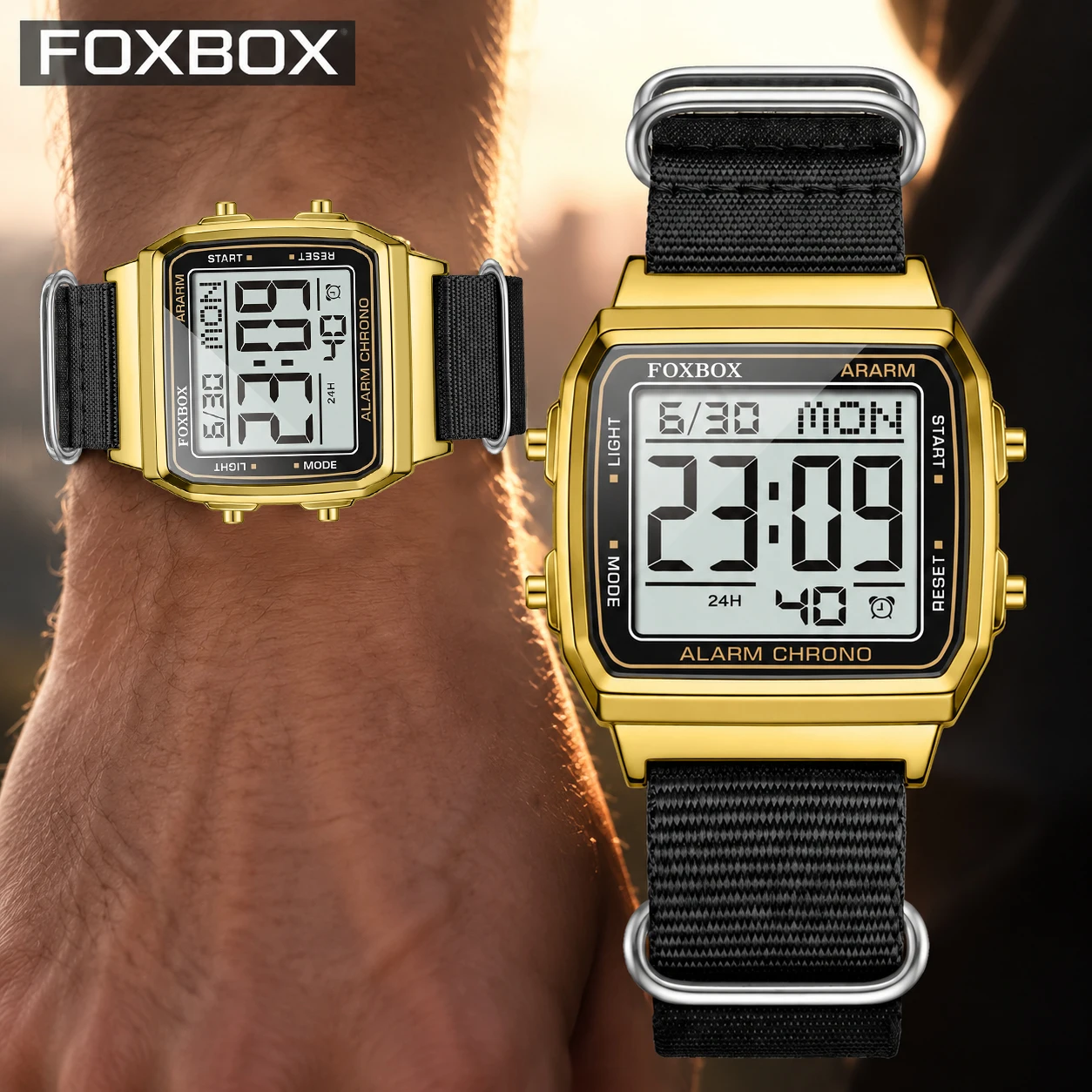 FOXBOX Creative Gold LED Analog Digital Watches for Men Military Nylon Strap Waterproof Men's Quartz Wristwatch Reloj Hombre