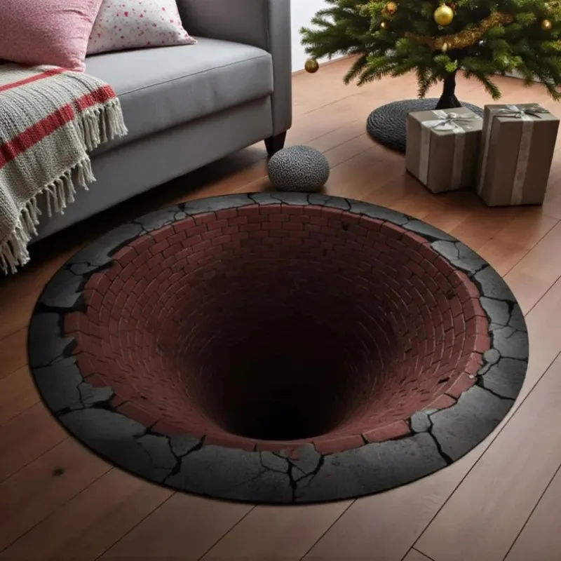 3D Stone Hole Rug Optical Illusion Round Carpet Funny Living Room Mat Unique Gift for Home and Office Home Decor
