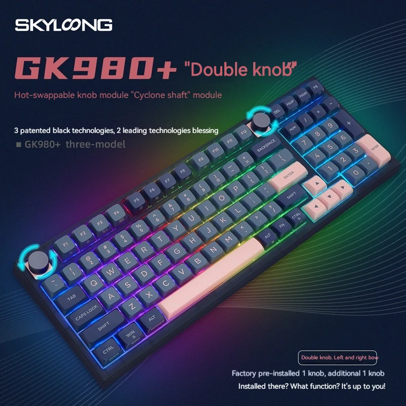 Skyloong GK980 3 Modes 2.4G Wireless Bluetooth Mechanical Keyboard RGB Backlight Hot Swappable Multi-function Knob Programmable