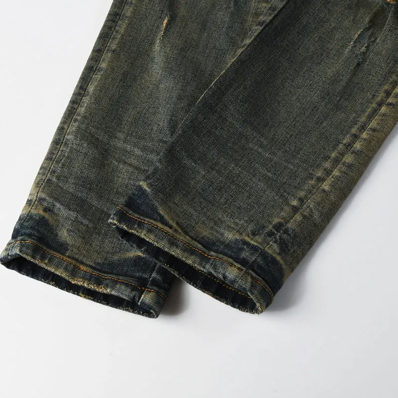 Y2k new men's jeans washed nostalgic perforated black leather patch deep blue jeans high street designer hip-hop brand high-qual