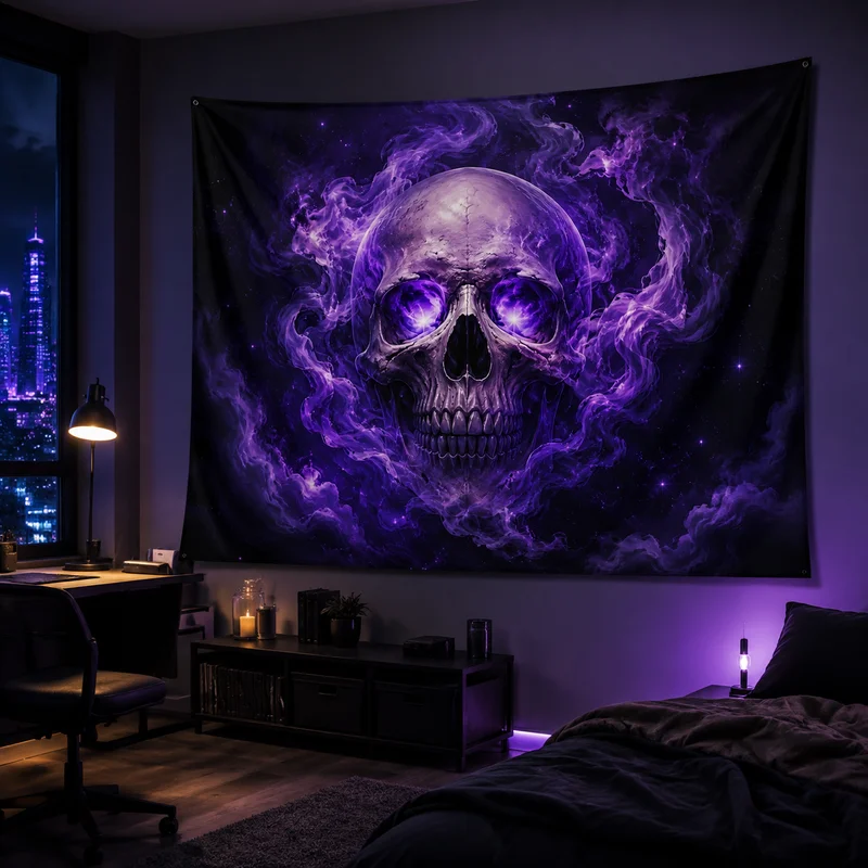 VIKAMA Deep Purple Skull Tapestry, Enigmatic Mysticism Printed Wall Fabric, Gothic Style Wall Hanging Decoration