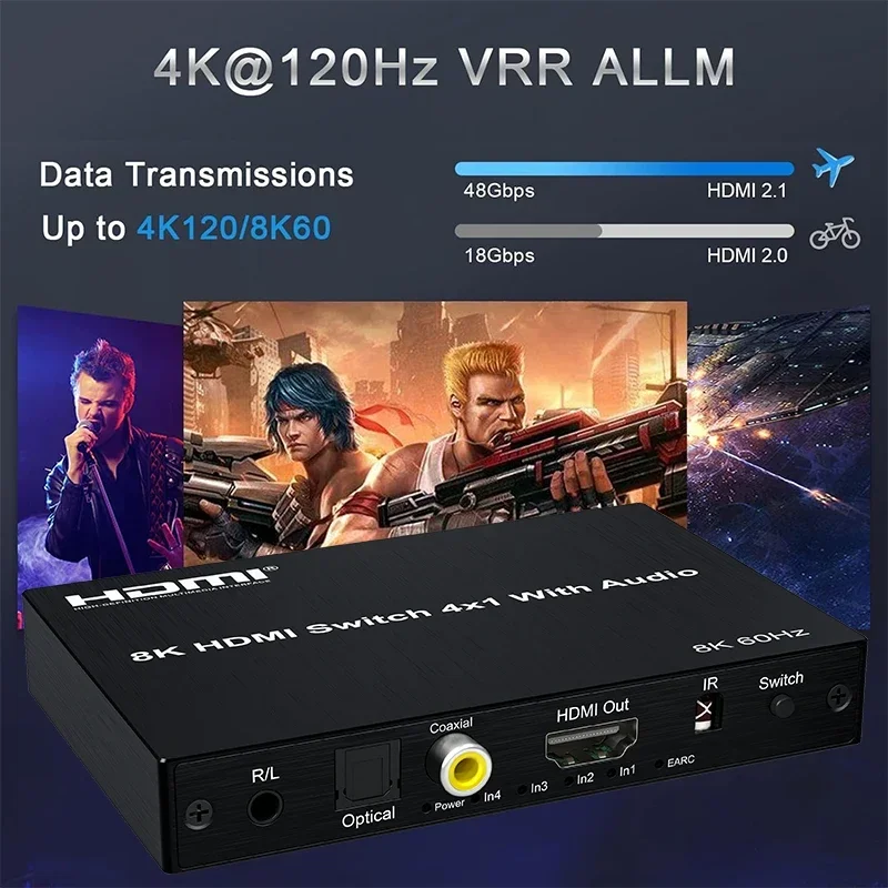 8K@60Hz HDMIスイッチ 4入力1出力 eARC ARCオーディオエクストラクター付き 4K@120Hz 48Gbps HDMIスイッチャー 4x1 SPDIF光同軸オーディオ対応