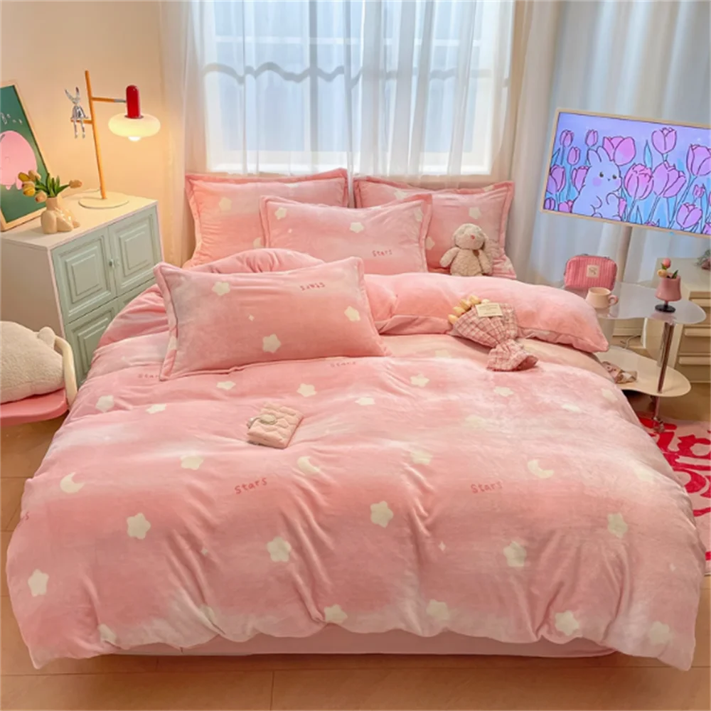 Winter Double-Sided Milk Coral Fleece Bedding Four-Piece Set Thickened Plush Quilt Three-Piece Flannel Warm Duvet Cover Set