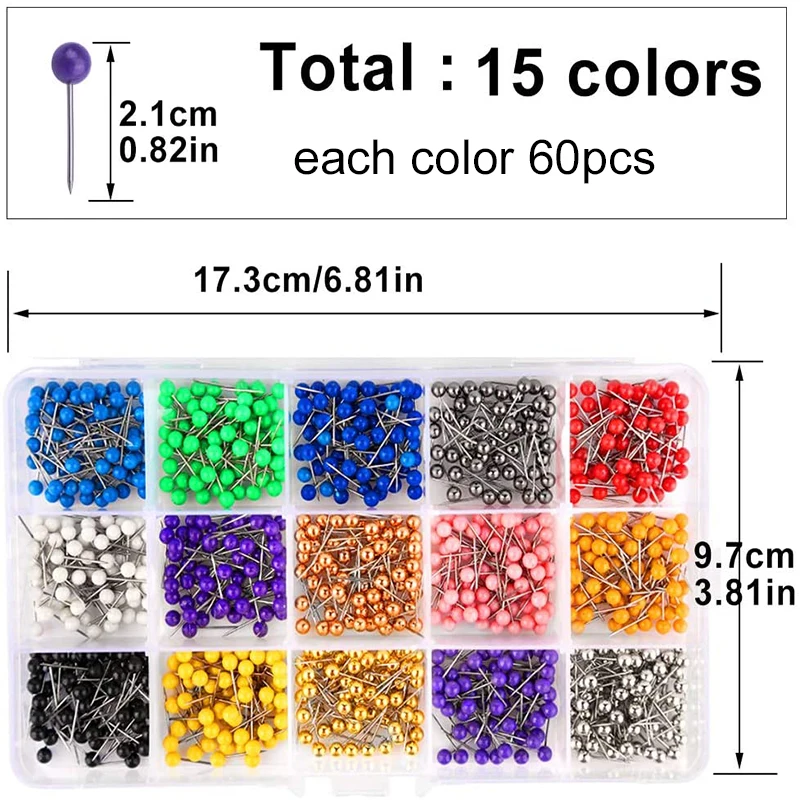 900pcs Thumbtack Map Tacks Wall Pin Round Head Tack with Steel Point for Cork Board Travel Map Craft DIY in Office School