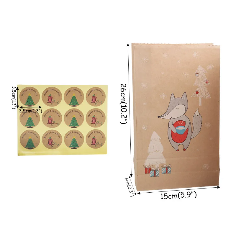 12pcs Christmas Gift Bag Kraft Paper Bags Elk Fox Printing Xmas Party Candy Bag Cookie Packaging Bag Pouch New Year Noel decor images - 6