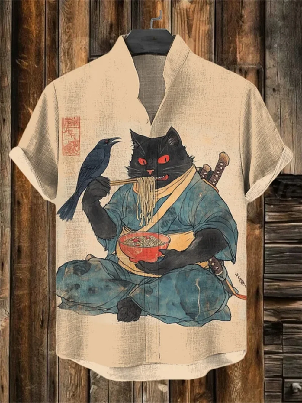 

Men's Japanese Style Art Printed Short Sleeve Linen Shirt Stand up Collar Button up Cardigan Casual plus Size Street Fashion