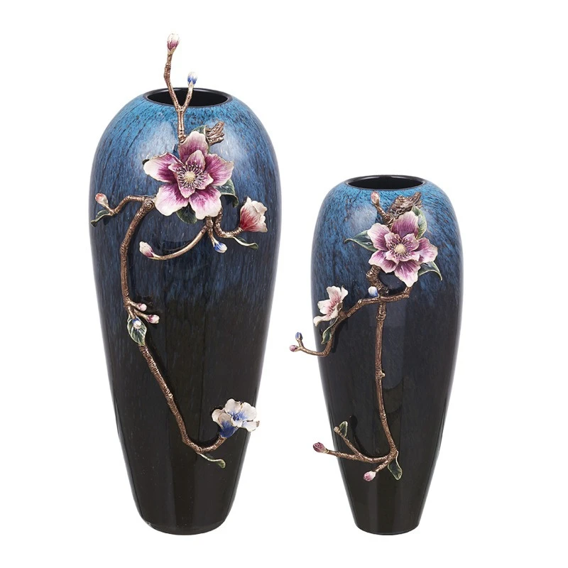 Enamel vase ornament, hand-painted living room creative flower arrangement, new Chinese home decoration handicrafts collection