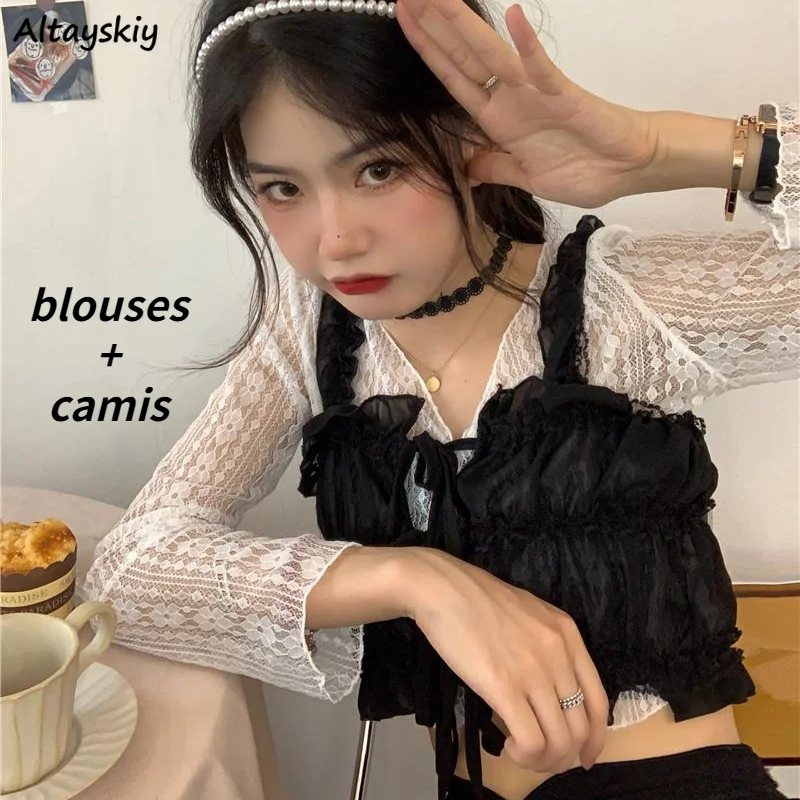 

Sets Women Sheer Soft Casual Tops Tender Crops Popular Sweet Camisole Ulzzang Street Style Summer Lady New Hot Two Piece Clothes