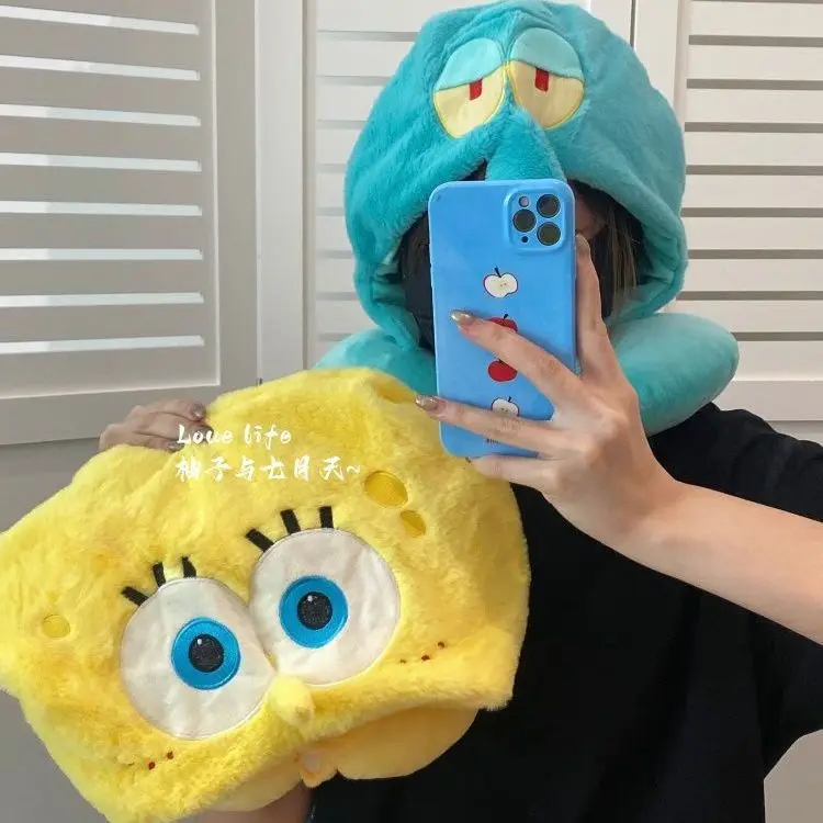 Kawaii Anime SpongeBob Hooded U-shaped Neck Pillow Cute Cartoon Travel Pillow Soft Foam Hat Pillow for Nap and Airplane Rest