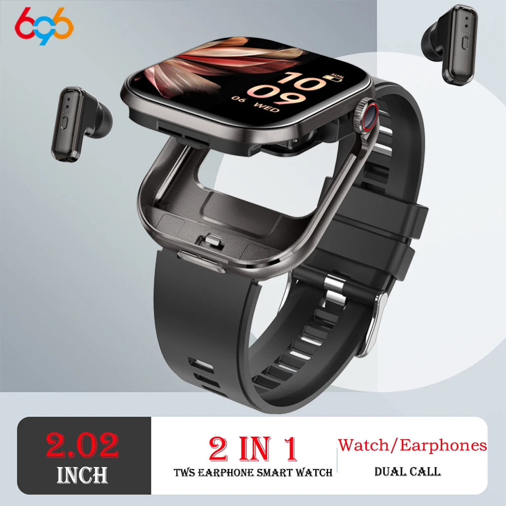 

2 In1 Earphones Smart Watch 2.02" Blue Tooth Call Heart Rate Health HIFI 9D Sound Quality Music Sports Waterproof Smartwatch