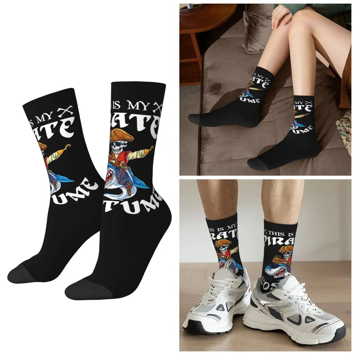 

All Seasons Comic Skeleton Captain Riding Shark Socks Harajuku Crew Socks High Quality Stockings for Men Women Valentine's Day