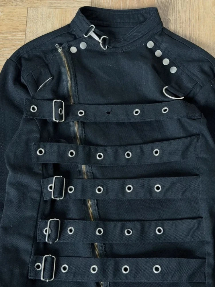 Mens Jacket Dark Streetwear Strap Cargo Coat Harajuku Unisex Cropped Fit Metal Buckle Stand Collar Fashion Trend Arrival Coat