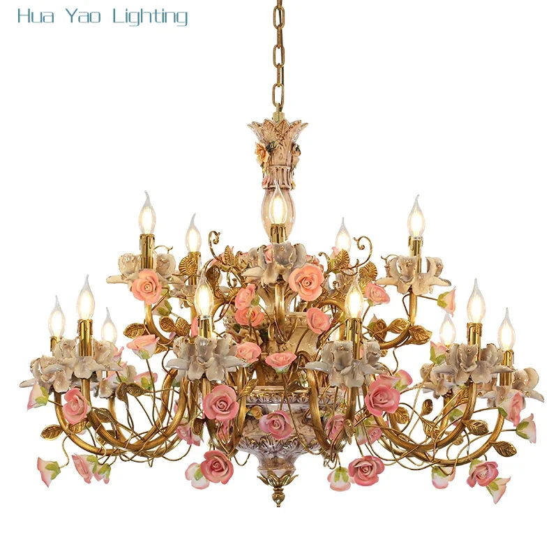

Decorative Lighting Flower Brasscolorful Ceramic Wedding Pendant Lamp French Style Chandeliers