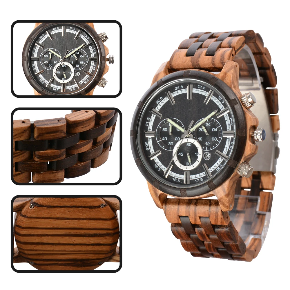 Wooden Watch Men Top Brand Luxury Stylish Chronograph Military Clook Wood Quartz Wriswatches Man Drop Shipping reloj hombre