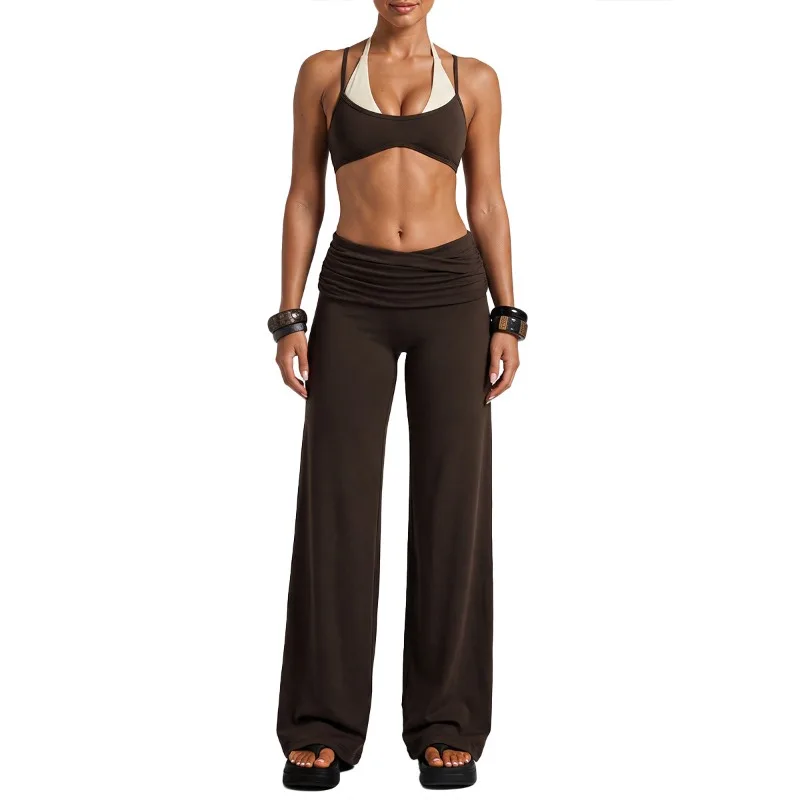 PMW Yoga Neck-hanging Faux Two-piece Adjustable Shoulder Strap Sports Vest Quick-drying Running Fitness Long Pants Set