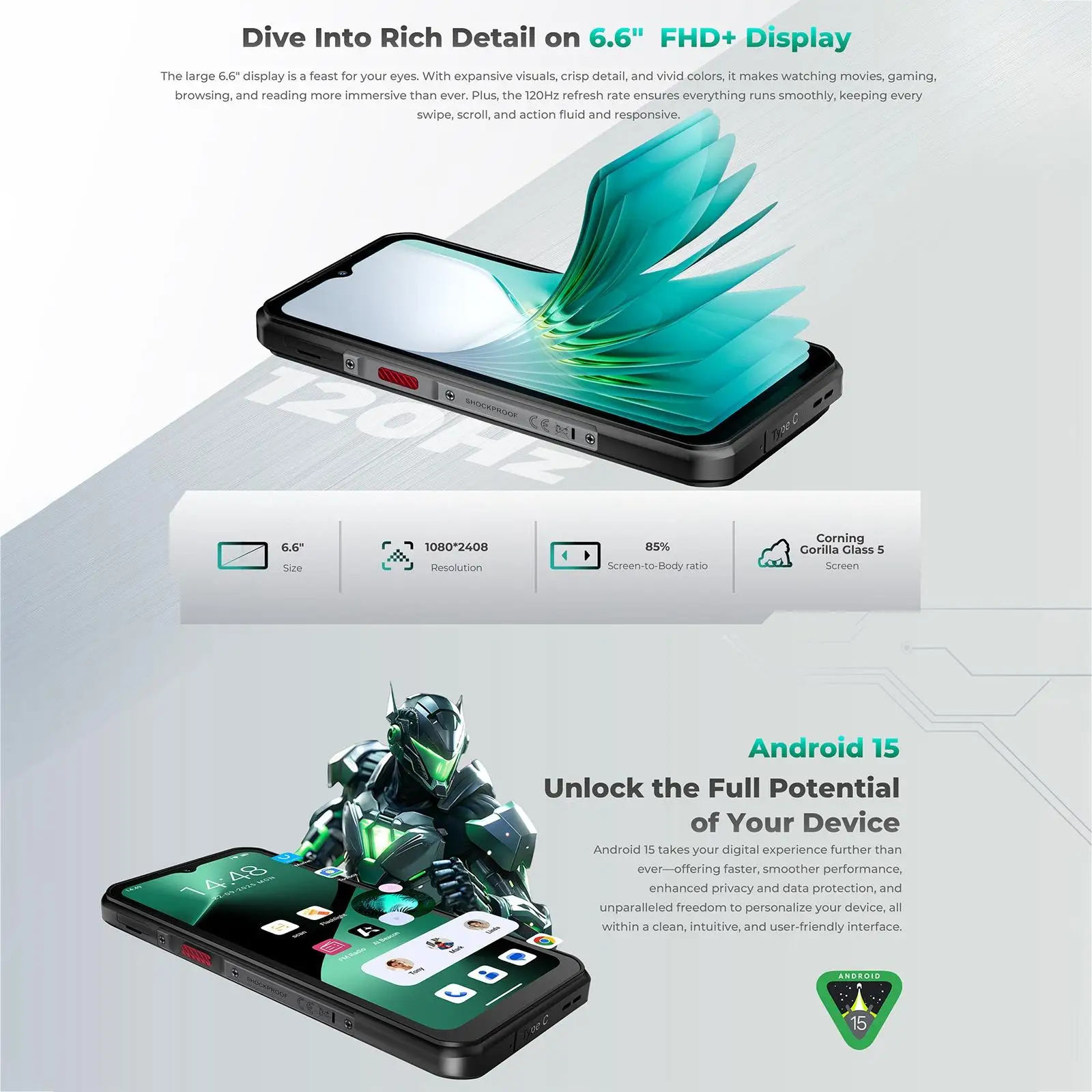 Oukitel WP62 5G Robustes Smartphone 108MP Kamera 11000mAh 33W 8GB+256GB 6,6 Zoll FHD+ IPS Display 120Hz Android 15 NFC