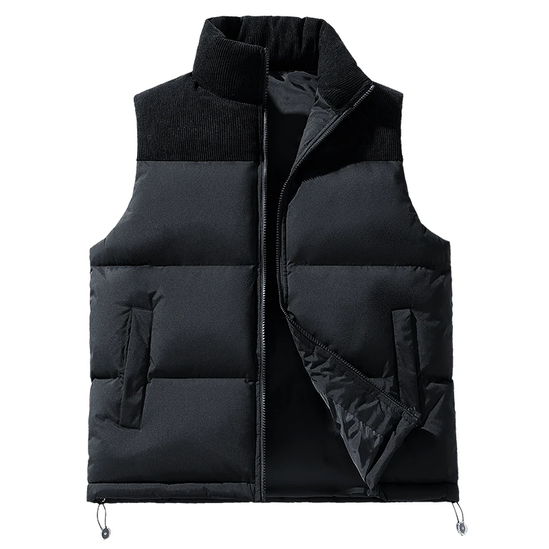 Men Splice Collar Padded Sleeveless Vest Zip‑Up Drawstring Hem Warm Loose Winter Casual Waistcoat Gilet Outerwear