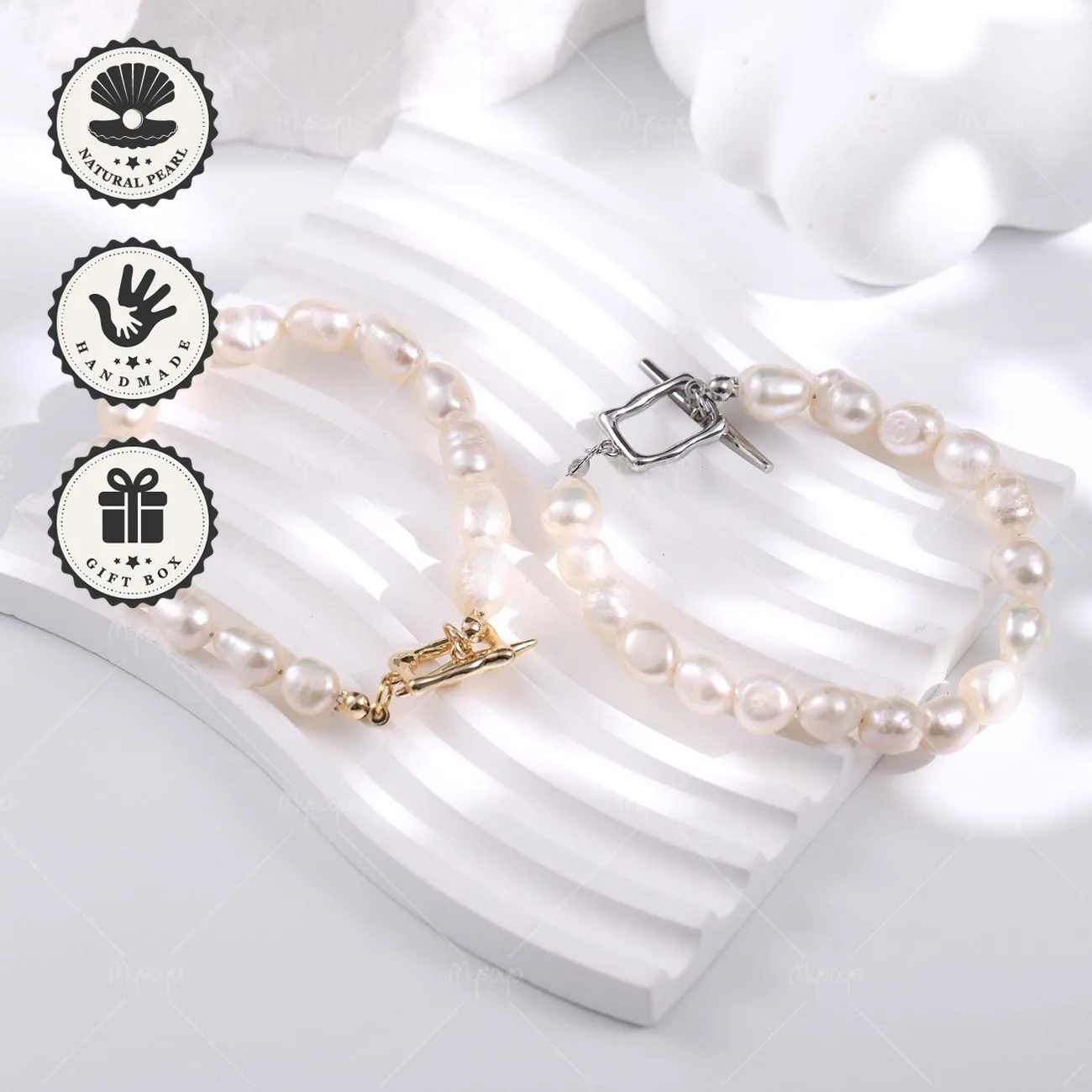 

Mysoya White Baroque Freshwater Pearl Bracelet 8–9mm Golden/Silvery Square Clasp With Gift Box Valentine’s Day Birthday Gift