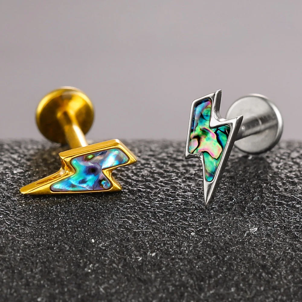 Twolobes 1PC ASTM F136 Titanium Lightning Flat Back Ear Stud Internal Thread Helix Tragus Cartilage Piercing Jewelry