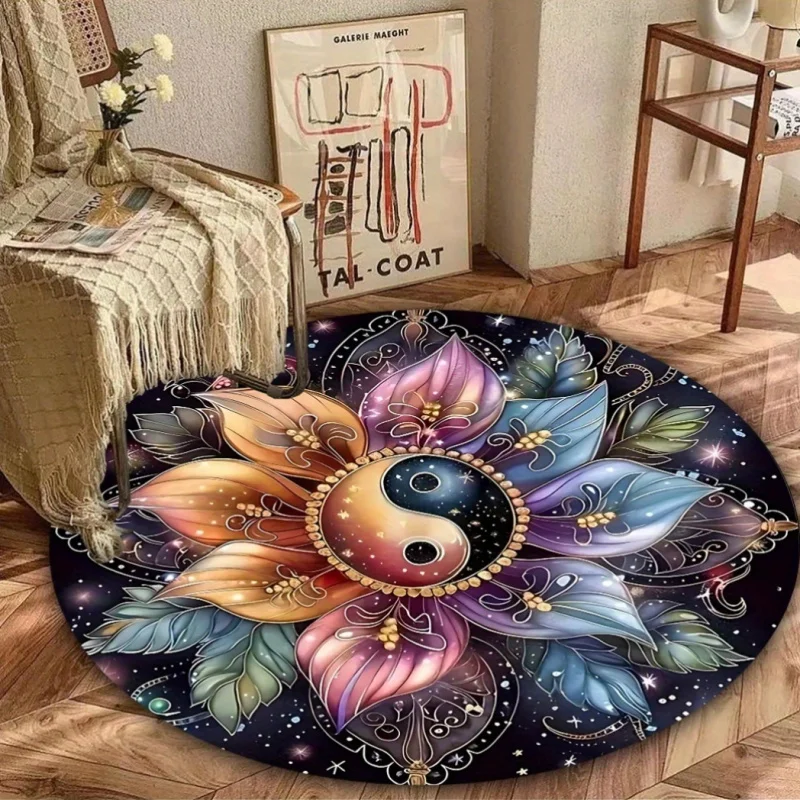Tapete Redondo Mandala Yin-Yang VIKAMA, Carpete de Flanela Antiderrapante para Quarto, Canto de Meditação e Yoga, Decoração de Luxo para Casa ​