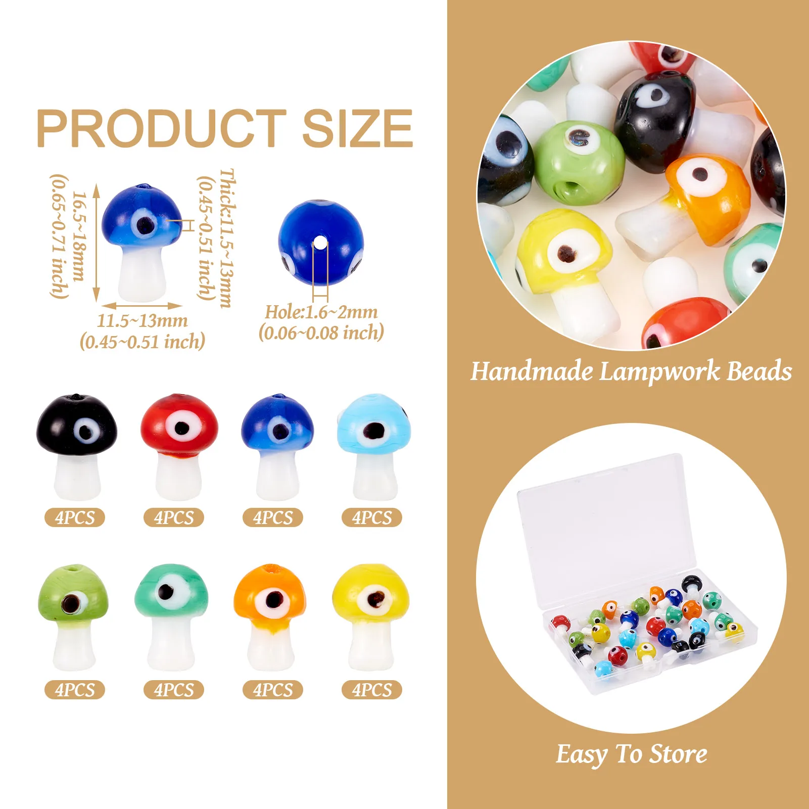 32Pcs 8 Colors Handmade Mushroom with Eye Pattern Lampwork Beads for Earrings Necklace DIY Jewelry Making