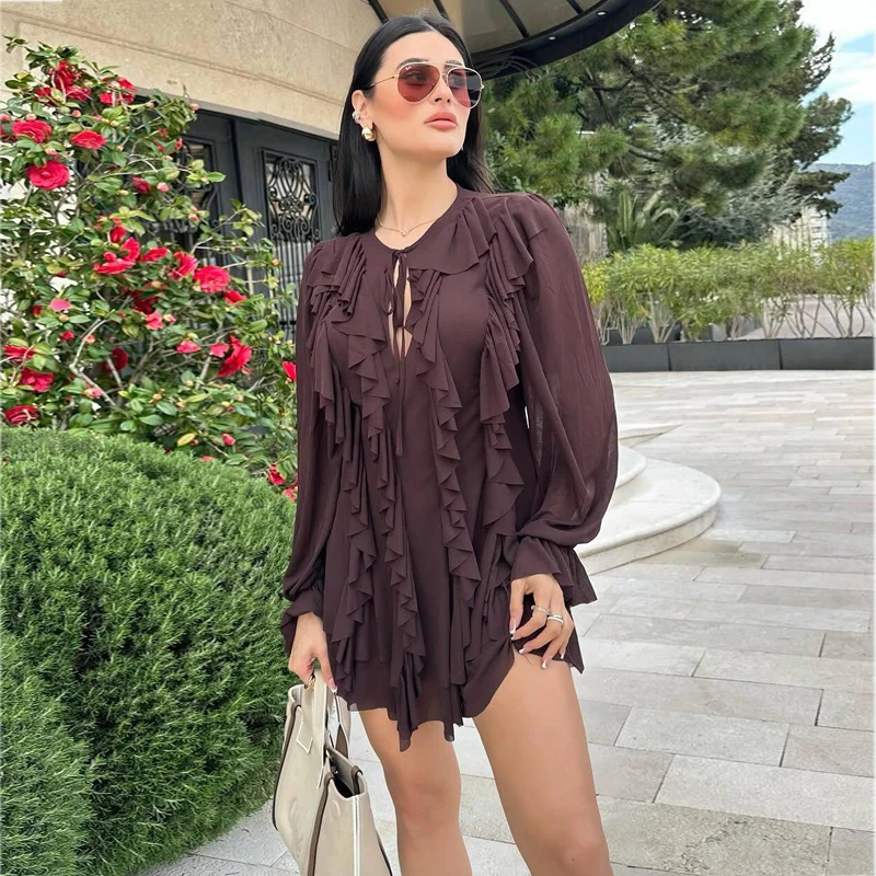 MUJER Mini abito plissettato con volant Donna Abiti da festa in tulle per donna Abiti corti semi trasparenti da donna Abito estivo da fata Donna 2025
