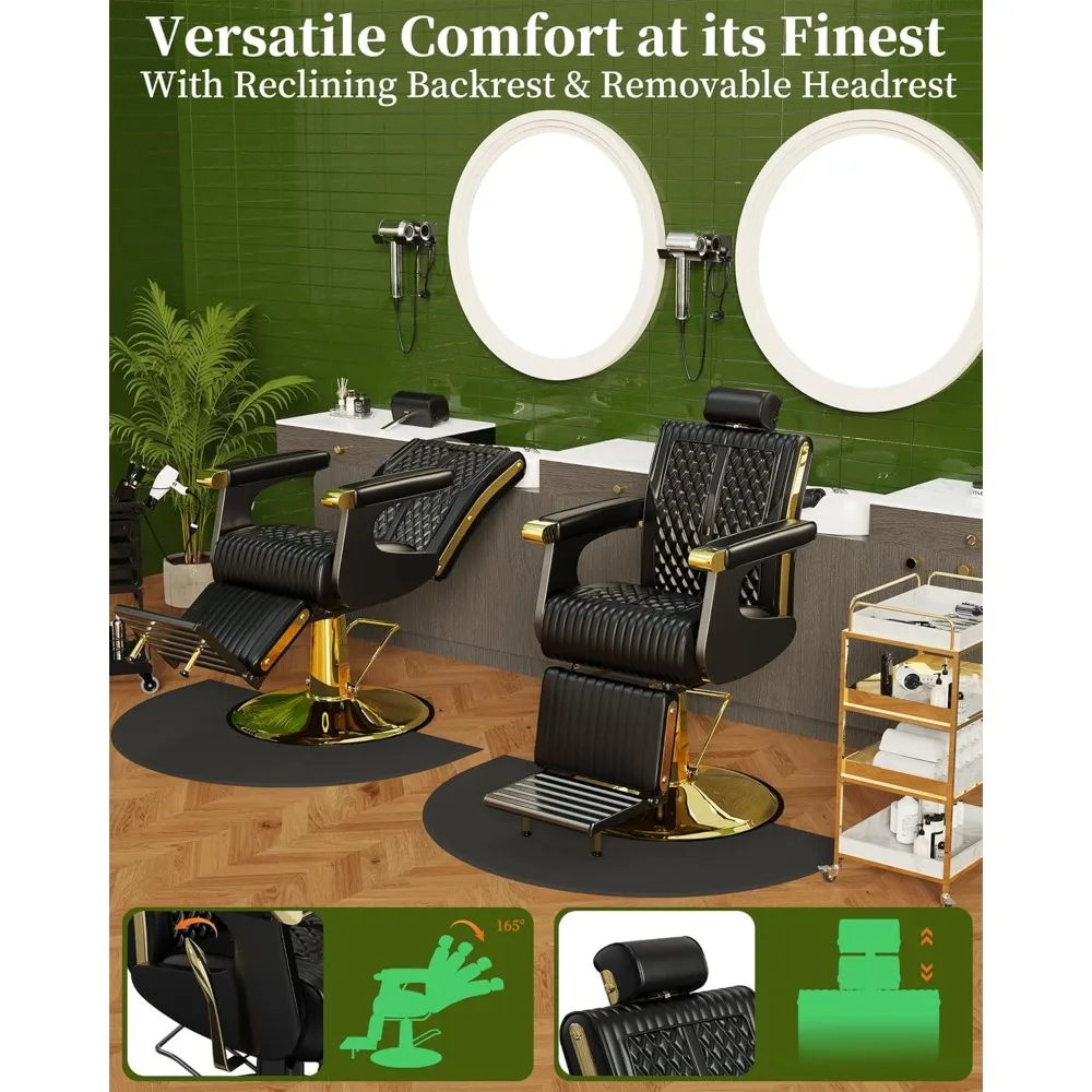 高級クラシックな黒と金の理髪椅子、リクライニングと取り外し可能なヘッドレスト付き