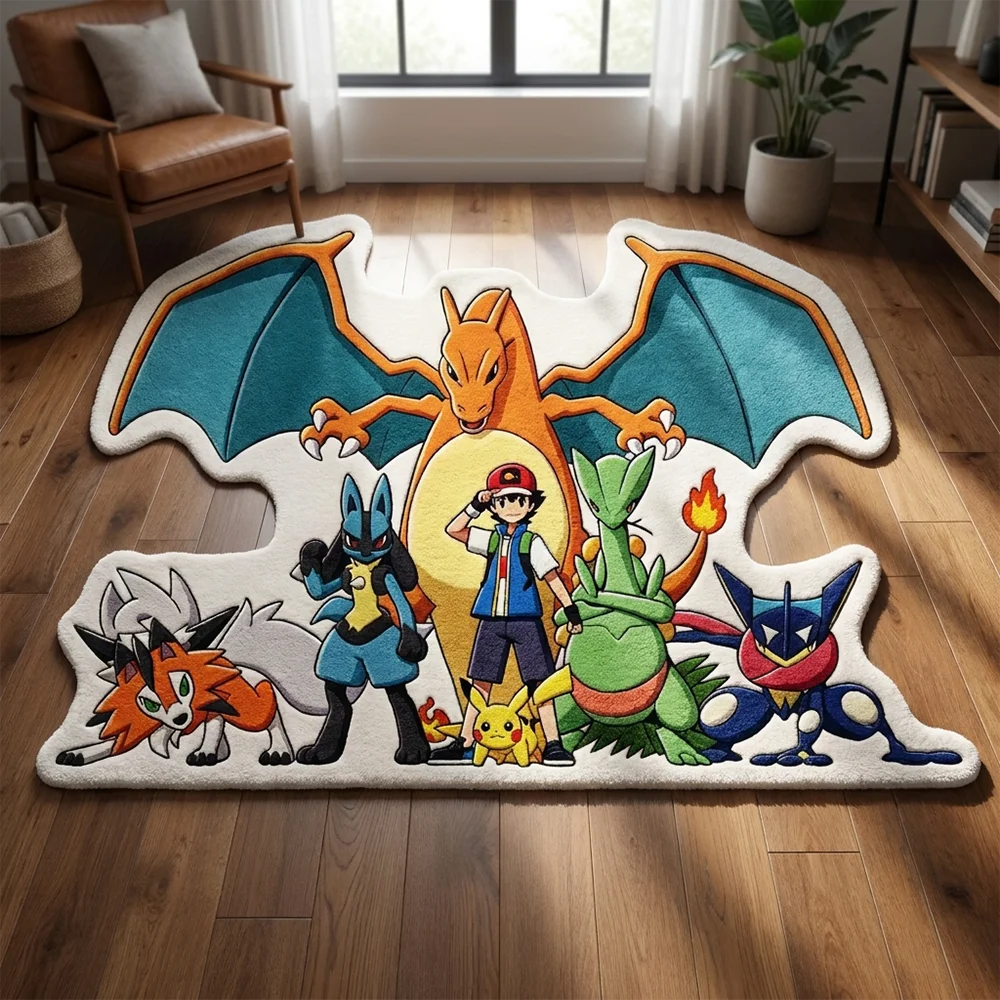 

Cartoon Pokemon Ash & Team Anime Area Rug - Charizard Pikachu & Friends Print Soft Anti-Slip Floor Mat for Gaming Room Decor
