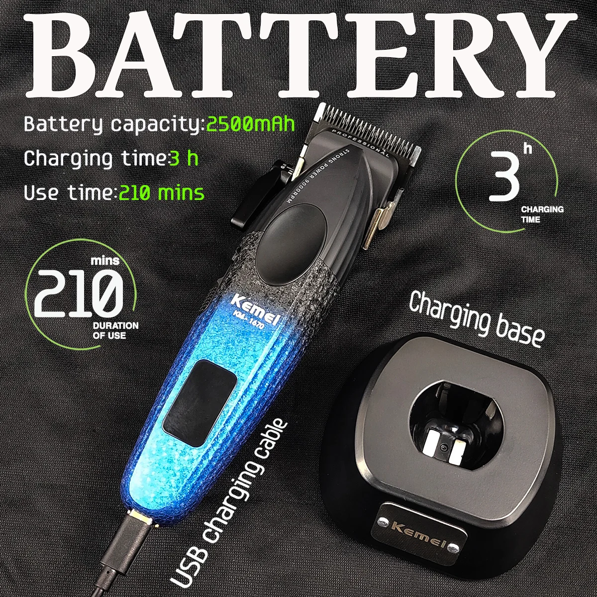 KM-1670 Professional Electric Hair Clipper 9000RPM High Speed Motor 2500mAh with Base Hair Trimmer for Man Barber Shop Gradient