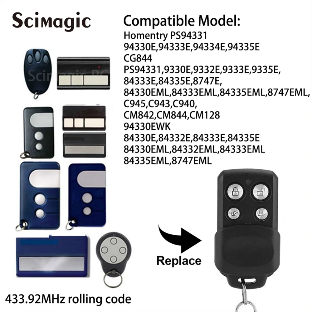 Universal Garage Door Gate Remote Control 433.92mhz Commands 94335E 94330E 84335EML 1A5639-7 Merlin C945 C940 C943 CM842