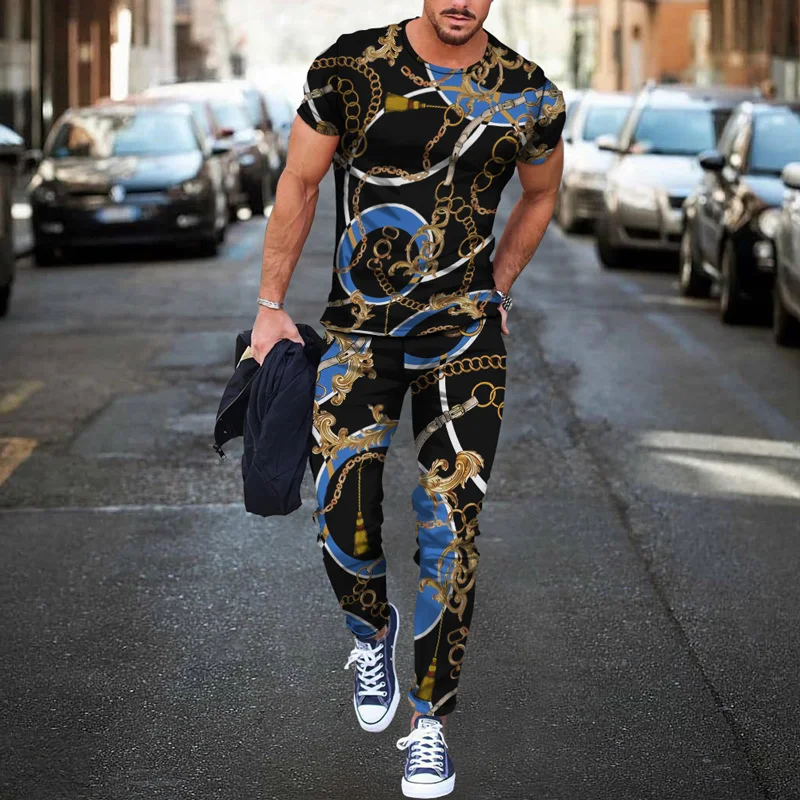 Summer Men Tracksuit joggers Vintage Pattern 3d Print T-shirt Men's luxury tracksuit Sports Short Sleeve Tshirt+pants 2 Pcs Sets