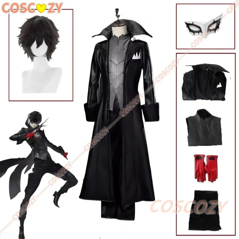 Customized Ren Amamiya Cosplay Costume Mask P5 Game Joker Faux Leather Long Jacket Pants Vest Gloves Convention Cool Suit Man