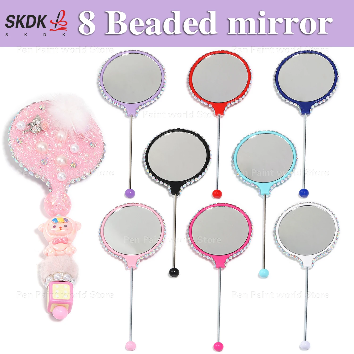

8Pcs DIY Starry Beaded Handheld Mirror with Pearl & Pom-Pom - Portable Compact Makeup Mirror - Cute Bookmark Gift
