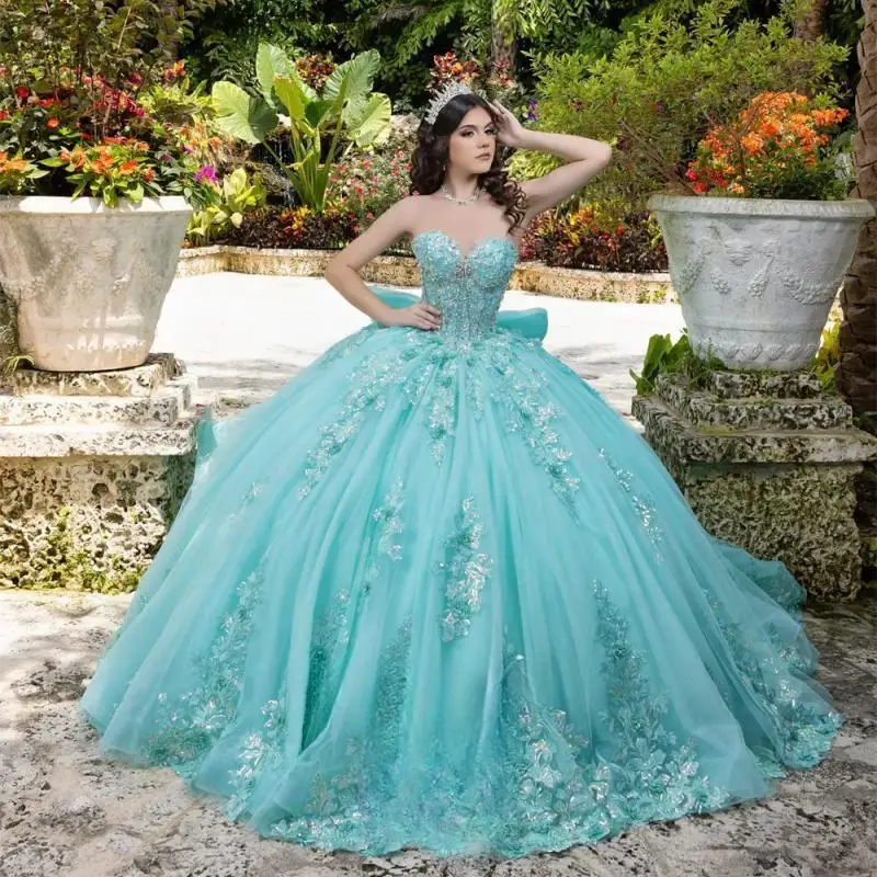 Personalizado água azul querida vestidos de baile quinceanera vestidos para meninas bowknot apliques rendas até vestidos de quinceanera