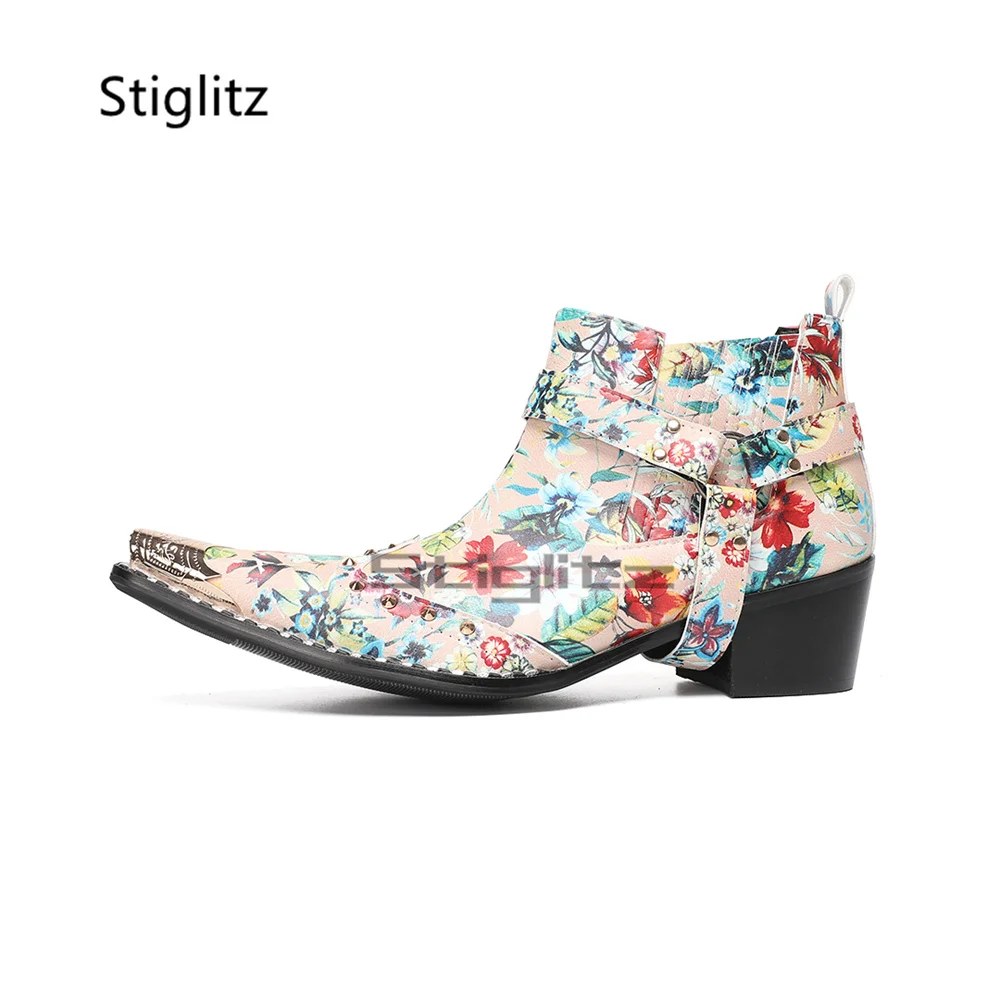 Floral Print Western Chelsea Boots Men Metal Pointed Toe Block High Heels Buckle Strap Retro Cowboy Short Boots Male Shoes