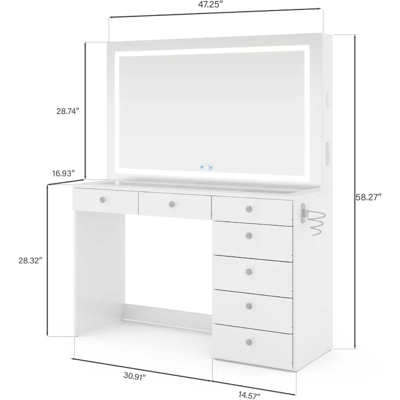 Brielle Large Makeup Vanity Desk with Dimmable LED, 2 Bluetooth Speakers, USB Type C & Type A, 110 V Power Outlet