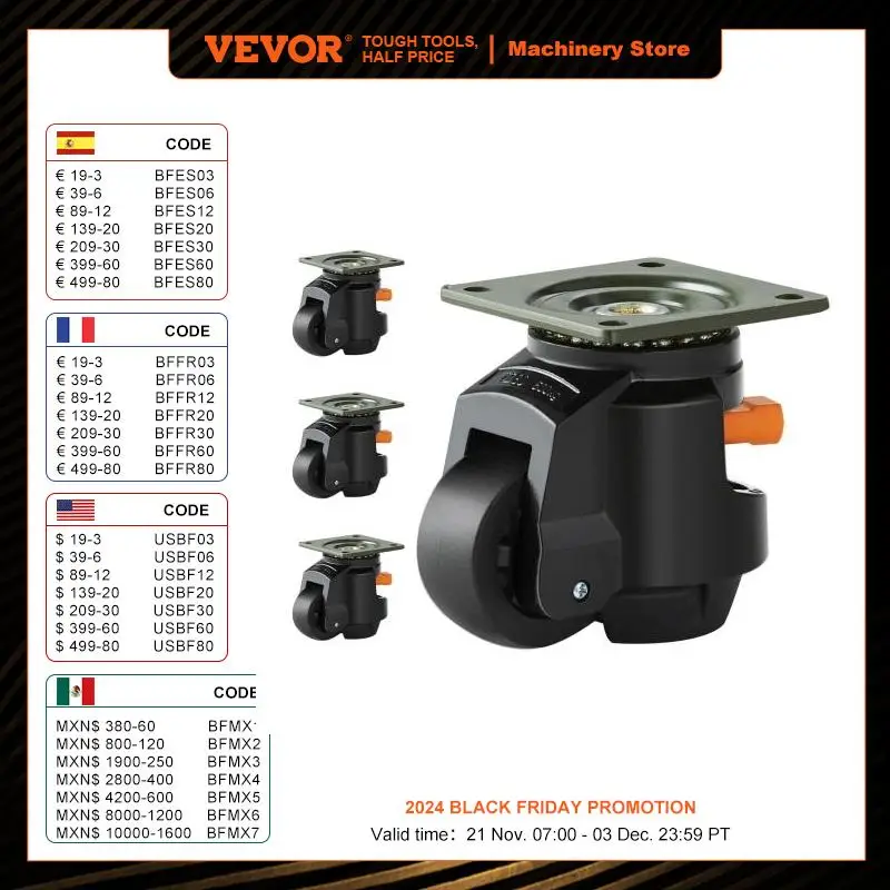 VEVOR 2in/2.5in Leveling Casters Set of 4 with Handle Feet 360° Degree Swivel Adjustable Caster Wheels for Workbench Machine