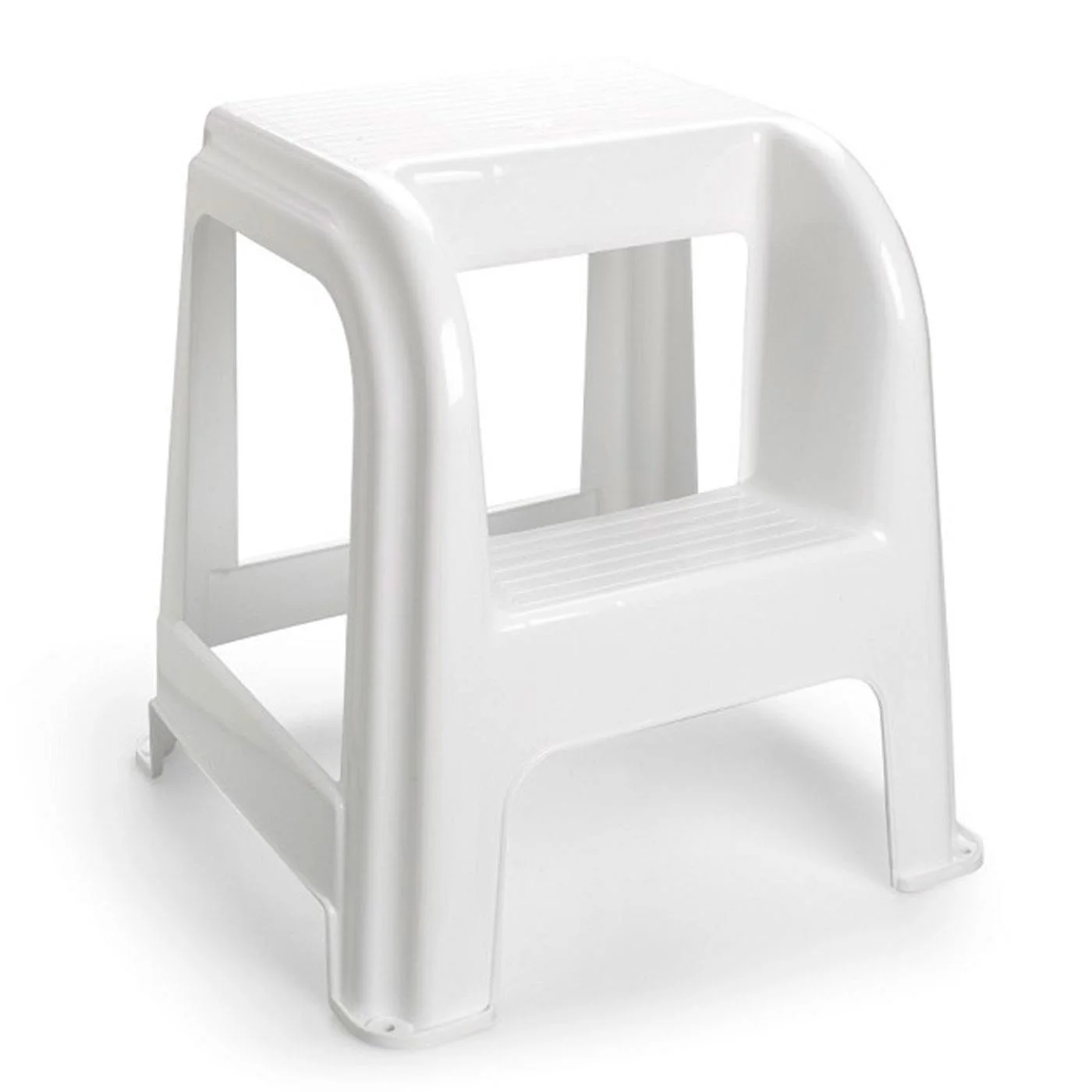 Tradineur White Plastic Stool with Step 45.5x44.2x42 cm, Bench, Chair, Lightweight Two-Step Stair, Home