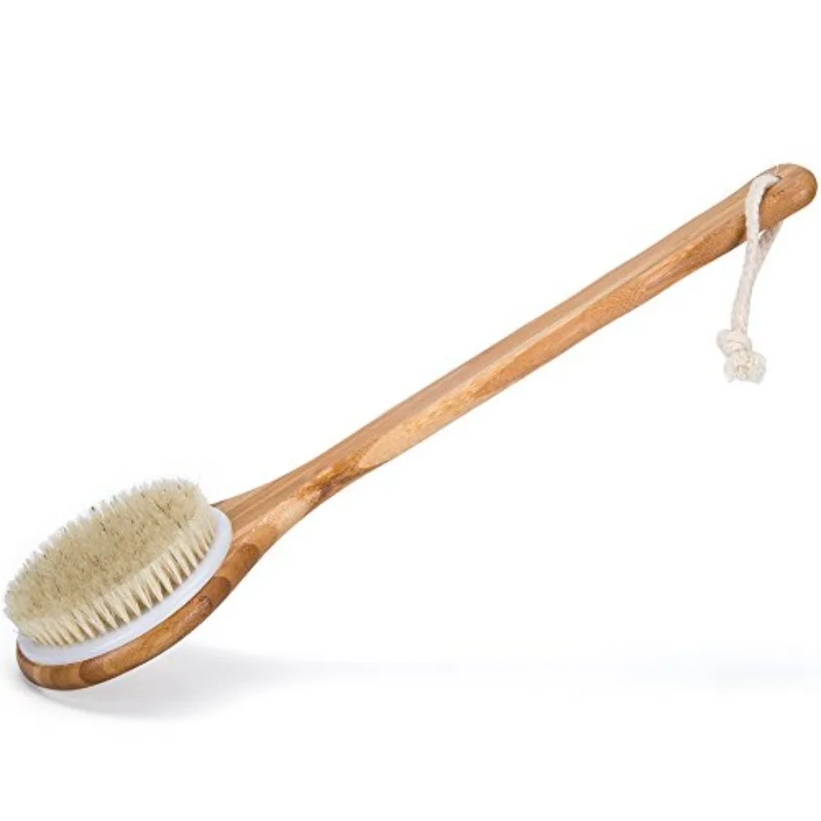 Janrely Bath Dry Body Brush Natural Bristles Back Scrubber With Long Wooden Handle For Cellulite And Exfoliating