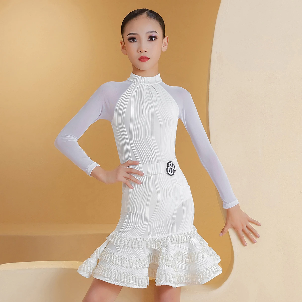 

Children Latin Dance Training Costume Kids Girls Long Sleeve Mesh Bodysuit and Beaded Flared Skirts Samba Competition Dancewear