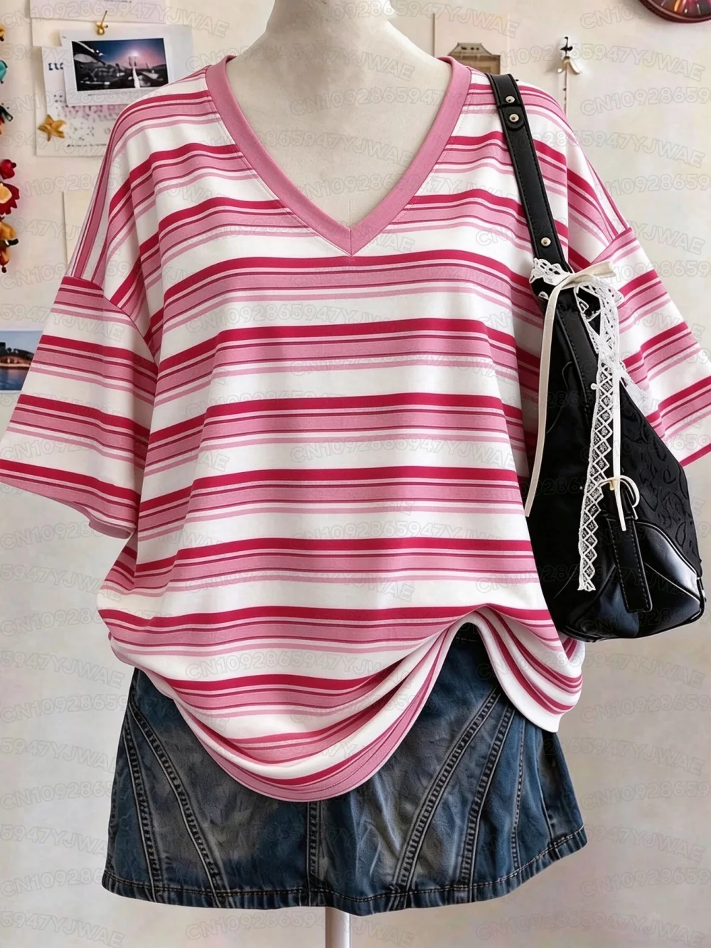 Summer Y2K Striped Print Casual Oversized V-neck Drop Shoulder Women Short Sleeve T-shirt Street Casual Sports Top