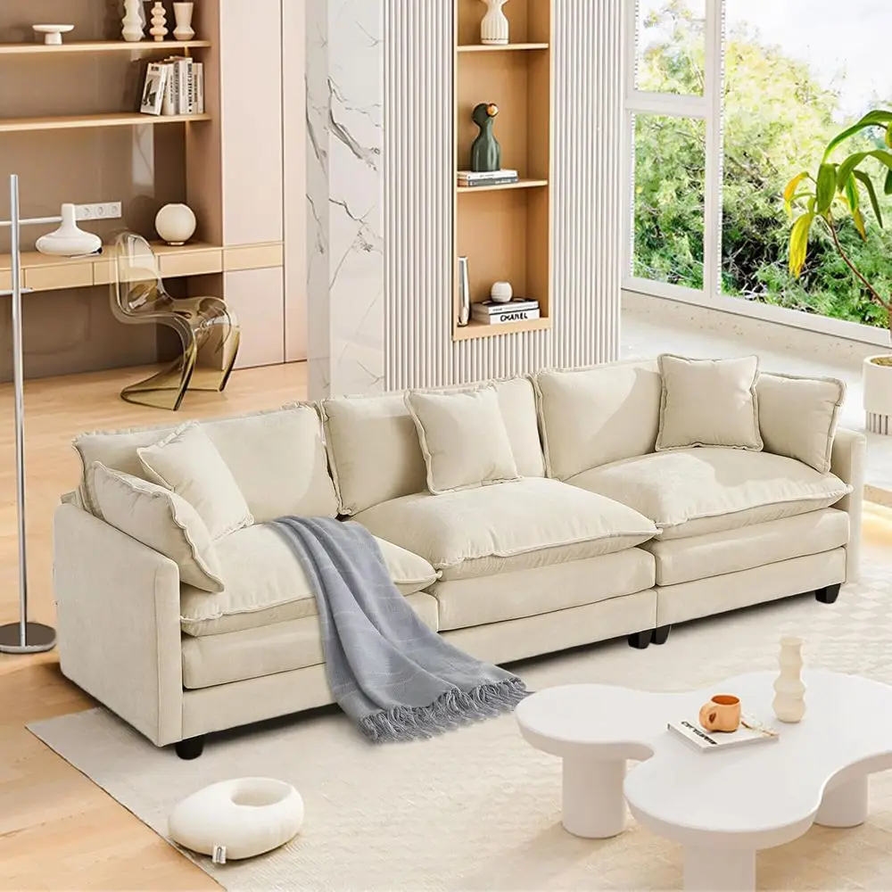 

Chic Chenille Sectional Sofa, Plush Loveseat, 3-Seat Deep Seating Sofa Set for Living Room, Beige